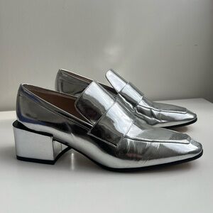 Stuart Weitzman Sawyer Silver Reflective Black Heel Loafer